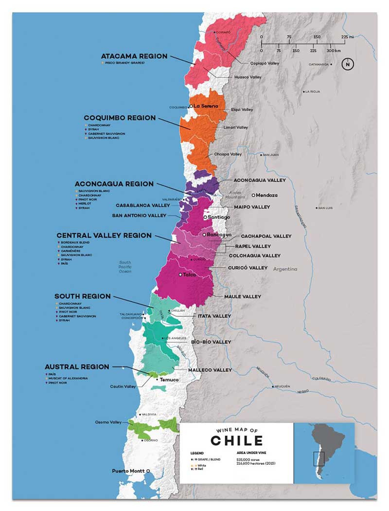 Bản đồ phân bố thổ nhưỡng và các vùng làm vang tại Chile 